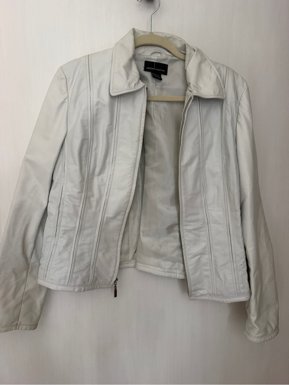Moda International White Genuine Leather Jacket Women’s Large Zip Front